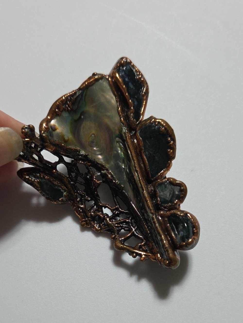 Vintage Large Chunky Abstract abalone Moss Agate Brooch Cooper? Unique statement - Picture 2 of 9